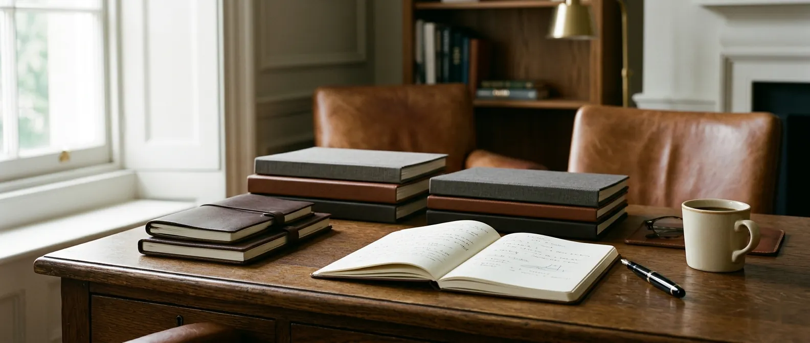 Closed leather journal, fountain pen, and coffee on a polished wood desk
