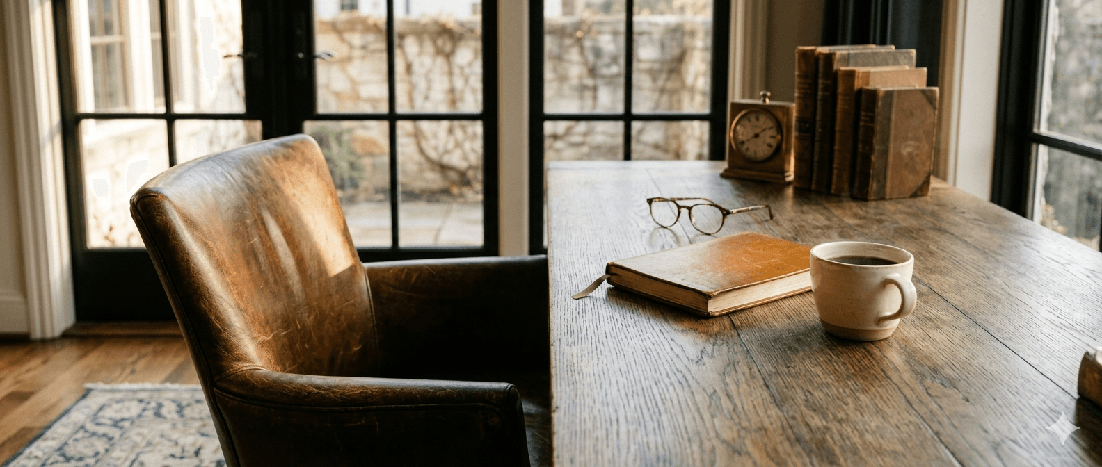Wooden operator’s desk near a window with open journal, glasses, and coffee
