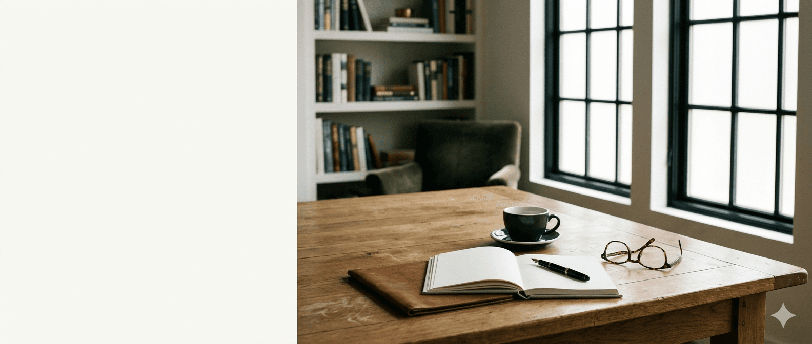 Wooden operator’s desk near a window with open journal, glasses, and coffee