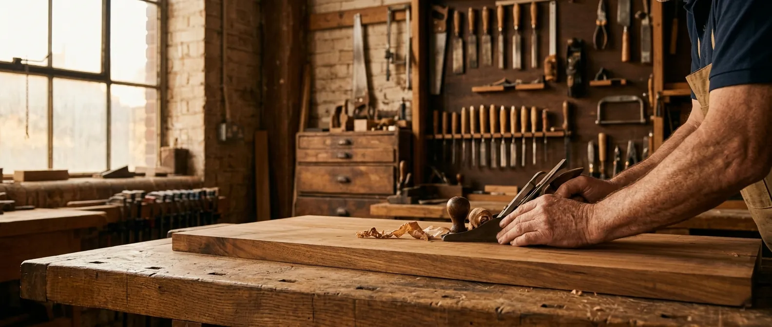Craftsman in a workshop hand-chiseling wood